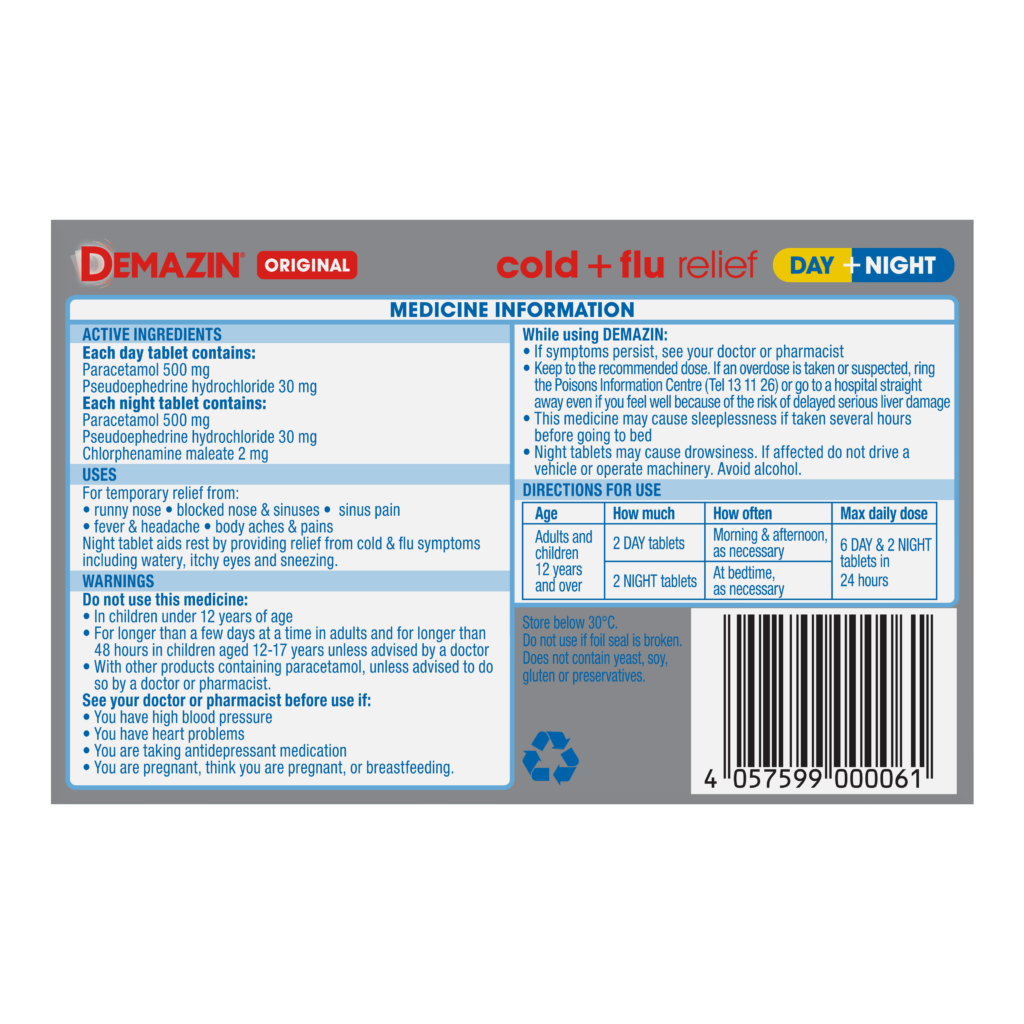 Demazin Original Cold + Flu Relief Day + Night Tablets