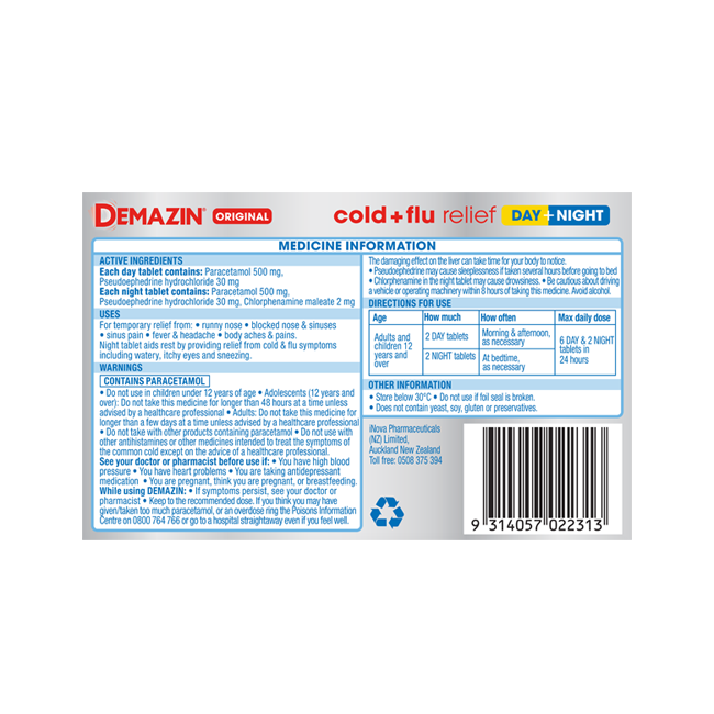 Demazin Original Cold + Flu Relief Day + Night Tablets